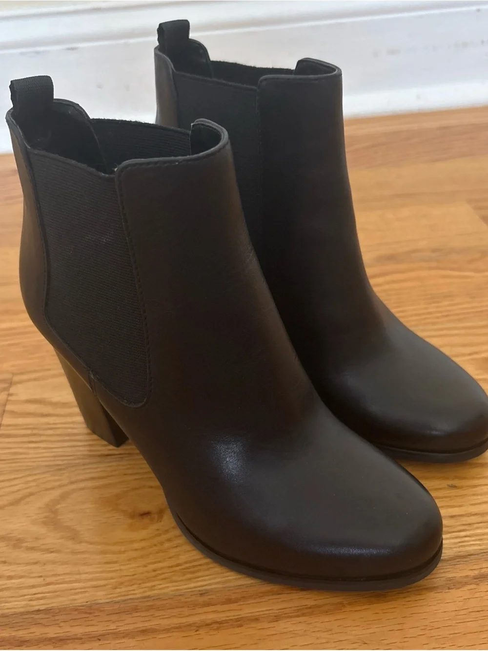 Michael Kors Black Leather Chelsea Block Heel Booties with Metal Accent